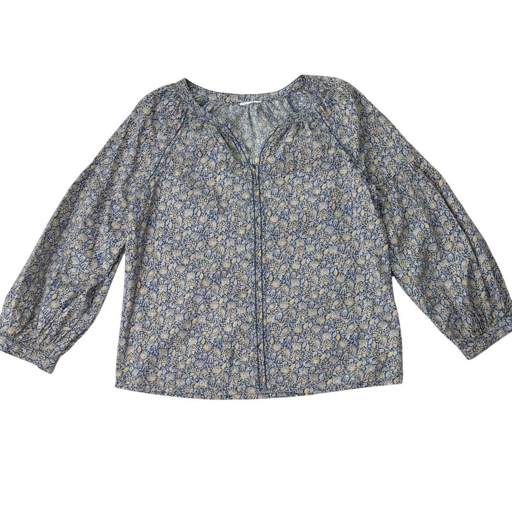 Gap blue floral Print Tunic Top puff sleeve Vneck Grandmacore 100% Cotton XS‎